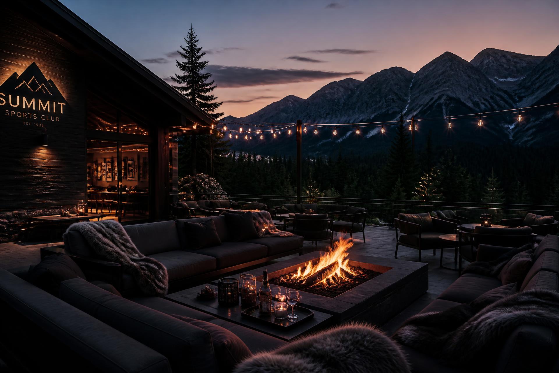 Terrazza lounge del club con fuoco acceso e vista sulle montagne